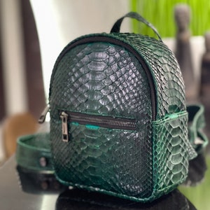May include: A small green snakeskin backpack with a black zipper and a black strap.
