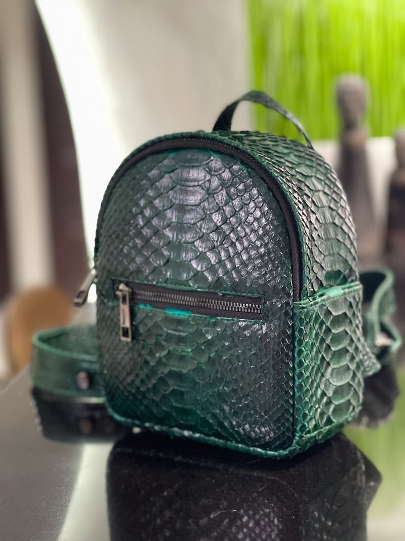 Peut inclure: Un petit sac &agrave; dos en cuir de serpent vert avec une fermeture &eacute;clair noire et une sangle noire.