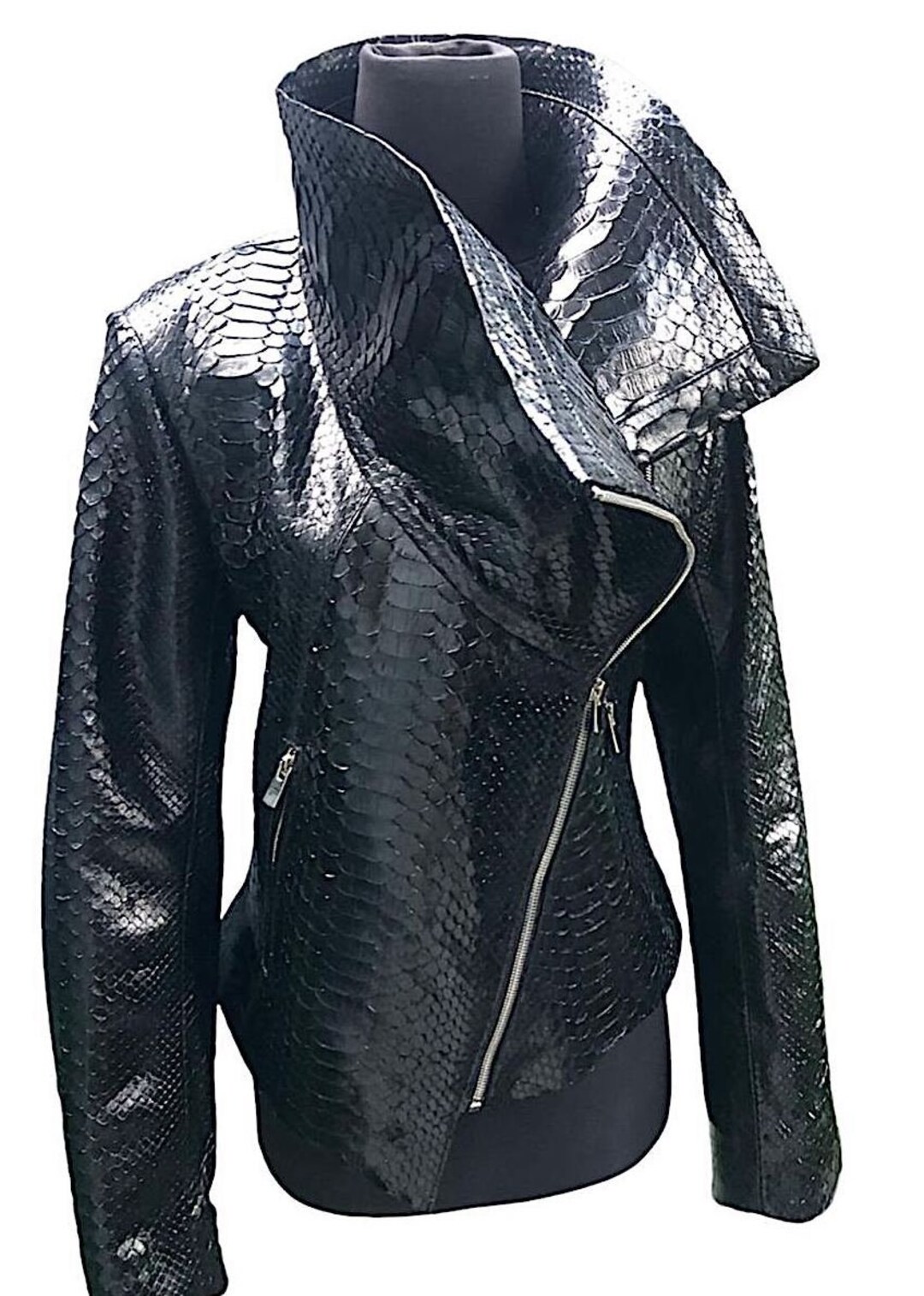 Woman Black Snakeskin Jacket, Python Leather Jacket, Black Glossy ...