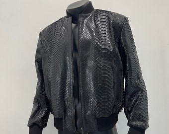Man's Snakeskin Jacket Bomber, Black Python Leather Jacket, Natural Snakeskin Bomber, Leather Jacket For Man, Black Leather Bomber