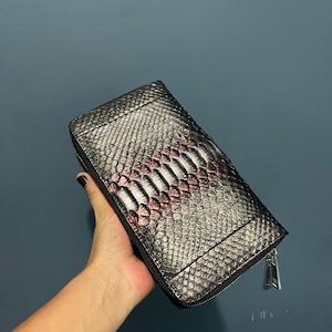 Billetera larga de cuero Python, billetera de piel de serpiente, bolso de piel de serpiente
