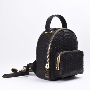 May include: A black leather backpack with a snakeskin pattern and gold hardware. The backpack has a top handle and a zipped front pocket.