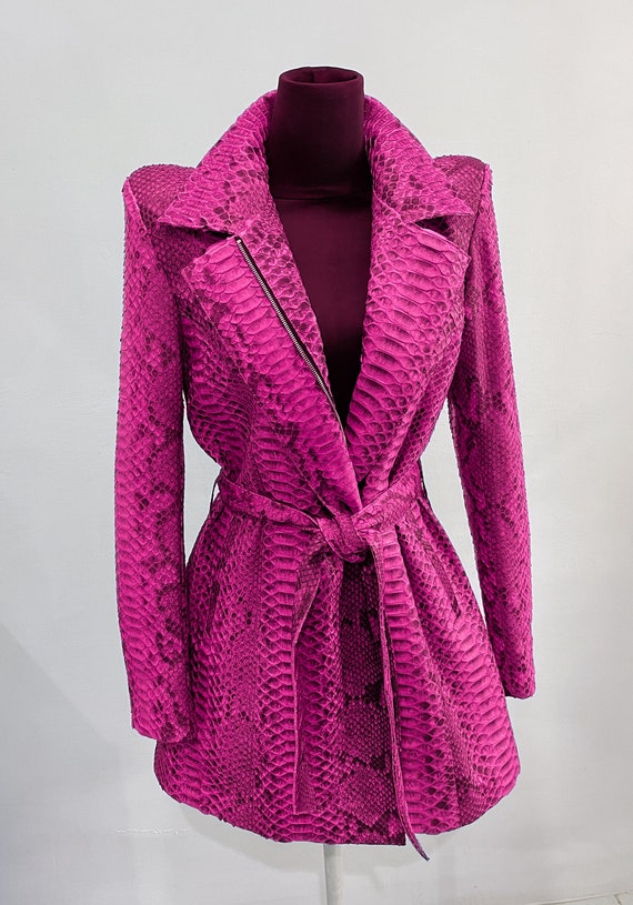 Pink Snakeskin Woman's Coat, Pink Python Leather Coat, Woman's