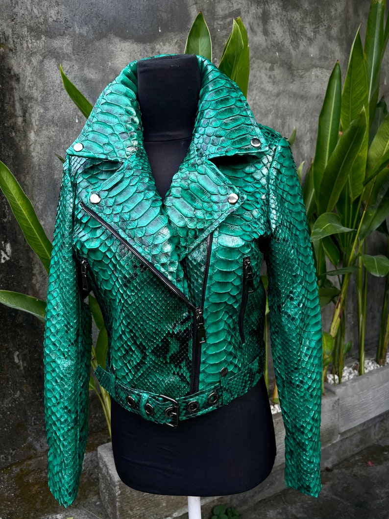 Green Snakeskin Jacket, Womens Python Leather,Biker Snakeskin Jacket, Emerald Leather Jacket image 1