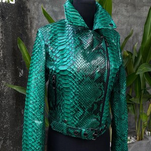 Green Snakeskin Jacket, Womens Python Leather,Biker Snakeskin Jacket, Emerald Leather Jacket image 3