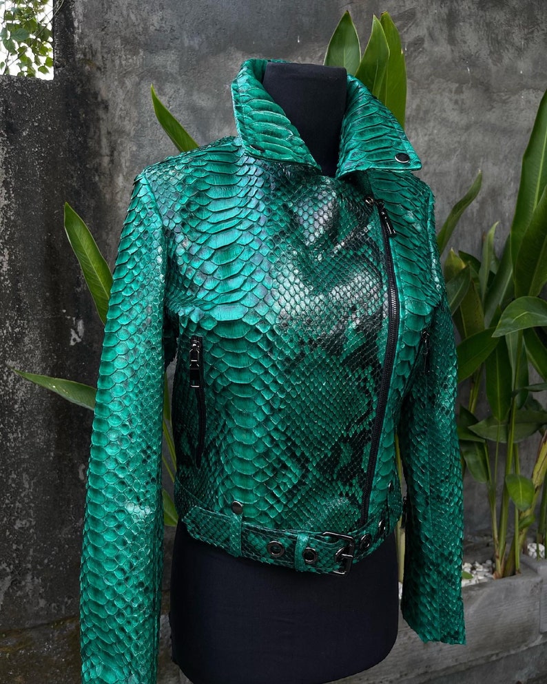 Green Snakeskin Jacket, Womens Python Leather,Biker Snakeskin Jacket, Emerald Leather Jacket image 3