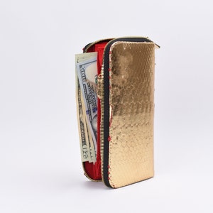 Golden Snakeskin Wallet, Python Leather Long Wallet, Golden Leather Wallet