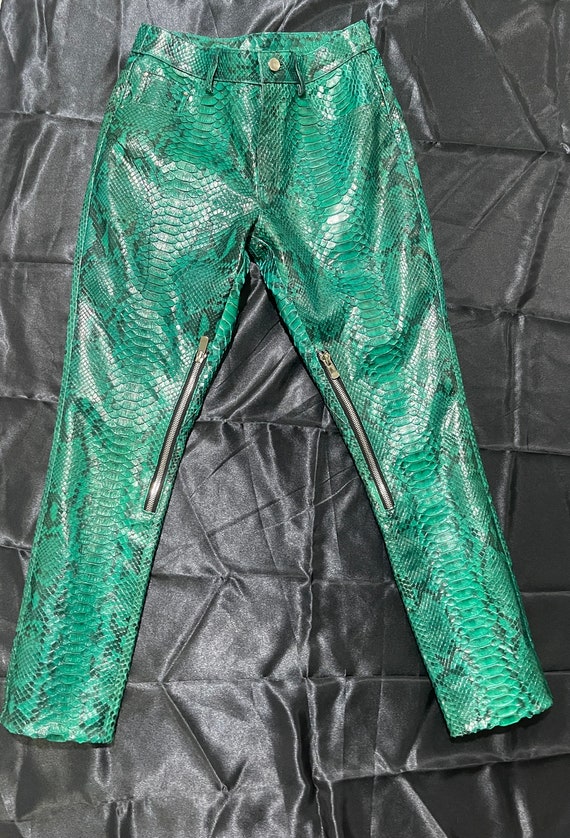 Python Leather Pants, Snakeskin Green Pants, Real Python