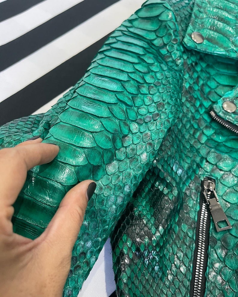 Green Snakeskin Jacket, Womens Python Leather,Biker Snakeskin Jacket, Emerald Leather Jacket image 4