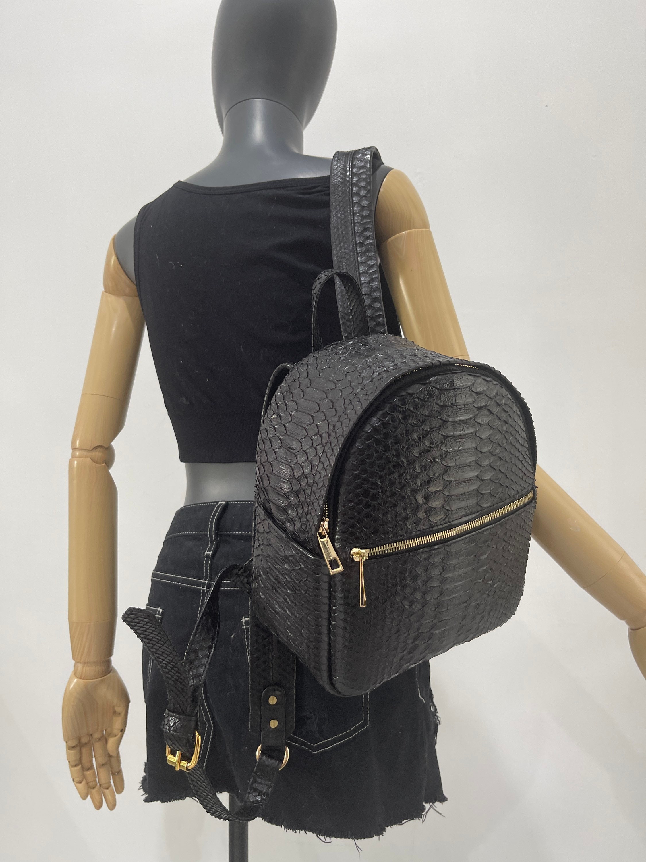 Black Faux Reptile Scale Leather Backpack Work Everyday Leather Backpacks: Shop the New Collections main image 4