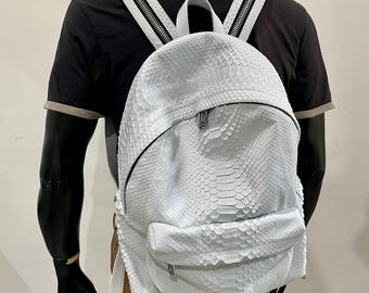 White Python Backpack, Unisex White Python Leather Backpack, Snakeskin Rucksack, Soft  Leather Backpack