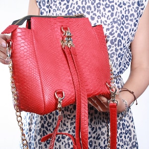 Woman’s Snakeskin Backpack, Red Python Leather Rucksack, Red Snakeskin Crossbody, Red Python Leather Bag