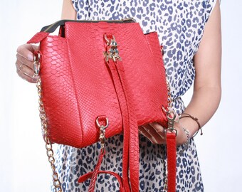 Woman’s Snakeskin Backpack, Red Python Leather Rucksack, Red Snakeskin Crossbody, Red Python Leather Bag