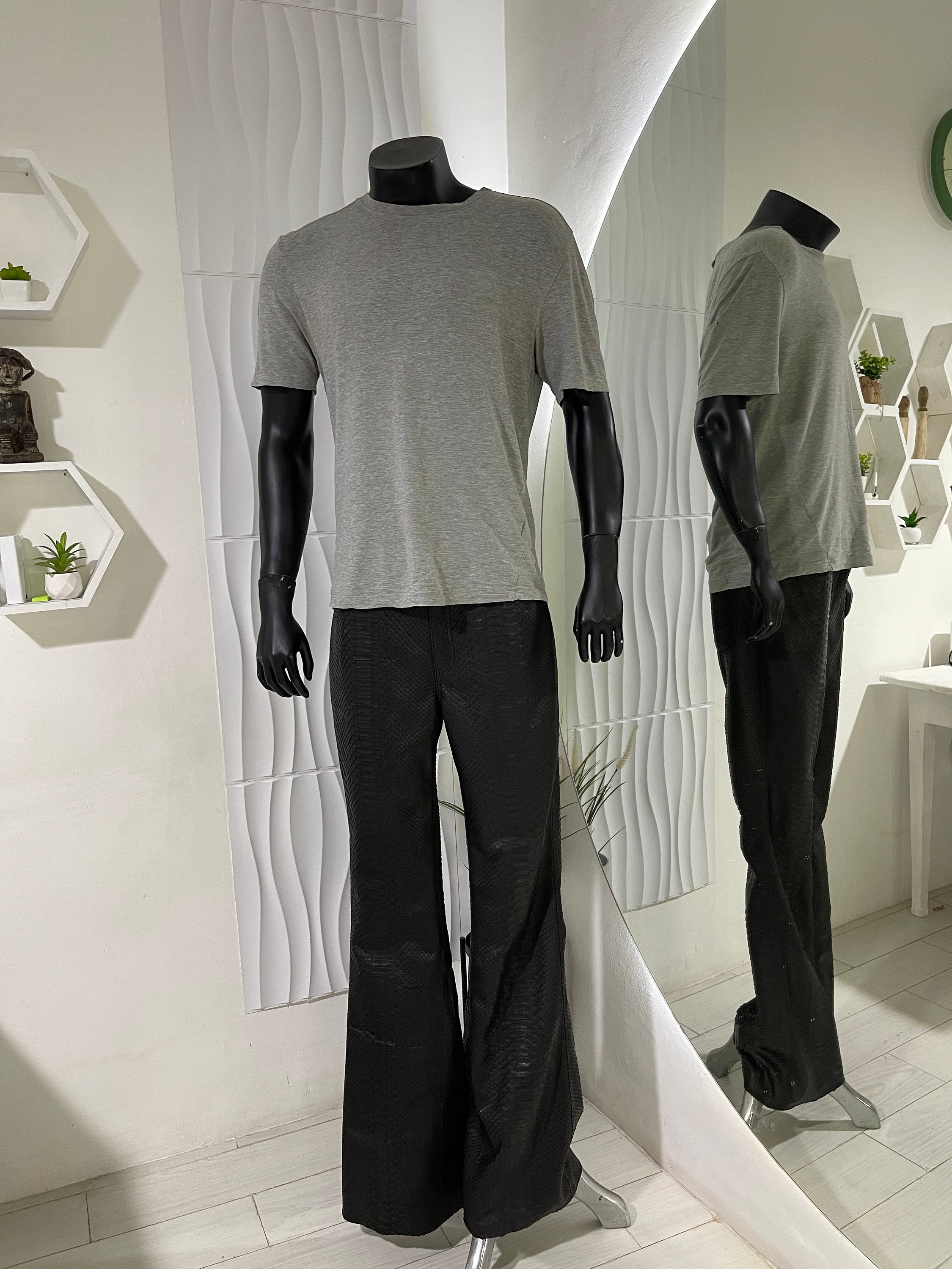 Python Leather Flared Pants, Snakeskin Pants, Black Leather