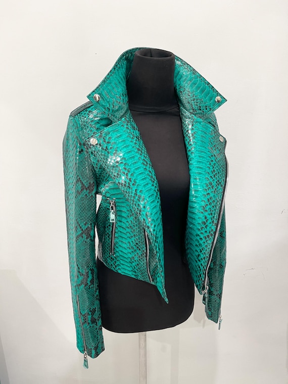 Women's Snakeskin Jacket, Green Python Leather Jacket, Green