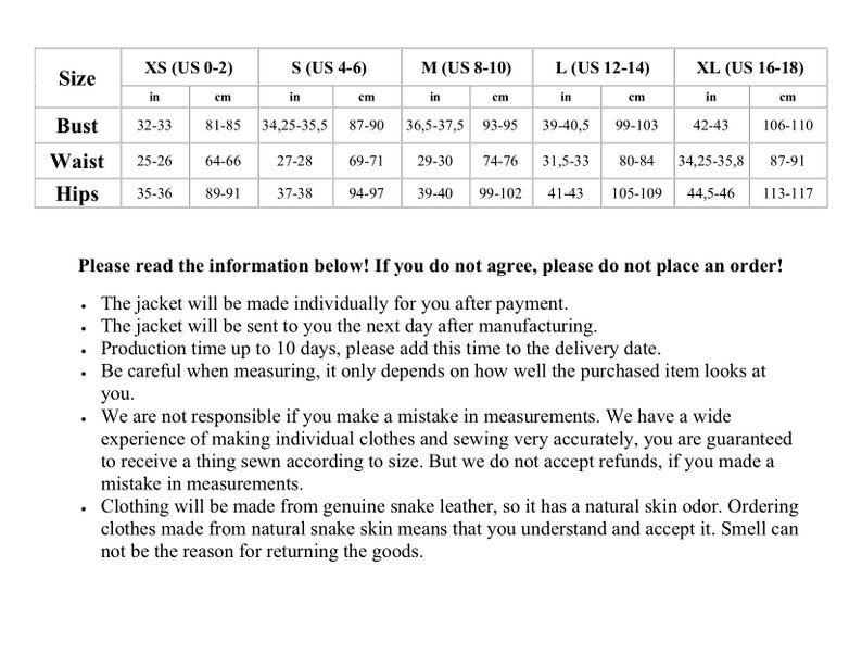 以下が含まれることがあります： ジャケットのサイズ表。インチとセンチメートルで測定値を表示。サイズはXS (US 0-2)からXL (US 16-18)まで、バスト、ウエスト、ヒップの測定値が記載されています。追加テキストには製品の詳細が記載されています。