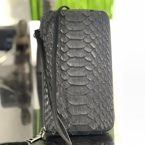 Python Leather Wallet, Black Snakeskin Leather Wallet, Leather Travel Holder, Black Leather Cell Phone Case, Crossbody Bags