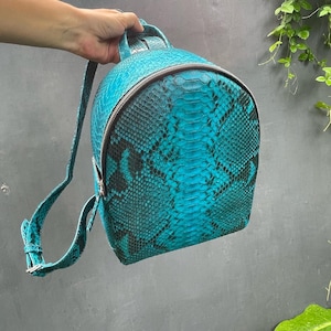 May include: A turquoise blue snakeskin backpack with a zip closure and adjustable straps.