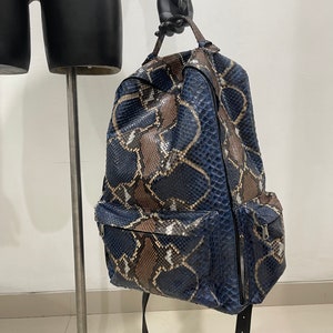 Op de afbeelding: Een blauwe en bruine slangleren rugzak met zwarte banden en een ritsvak aan de voorkant.