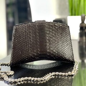 Bandolera de piel de serpiente negra, Monedero de piel de pitón, Bandolera de piel, Bolso mediano de piel, Bolso con asas de piel, Cartera de piel negra