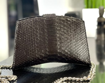 Black Snakeskin Crossbody Bag, Python Leather Purse, Leather Crossbody, Leather Medium Size Bag, Leather Handles Bag, Black Leather Clutch