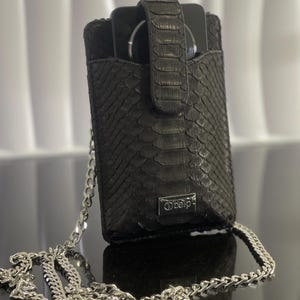 Python Leather Case For Phone, Snakeskin Cellphone,  Purse For Phone, Black Python Leather Bag