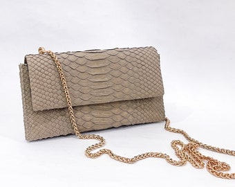 Python Leather Crossbody, Snakeskin Crossbody Bag, Python Leather Bag, Tuape Color Clutch, Beige Leather Small Bag