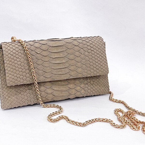 Python Leather Crossbody, Snakeskin Crossbody Bag, Python Leather Bag, Tuape Color Clutch, Beige Leather Small Bag