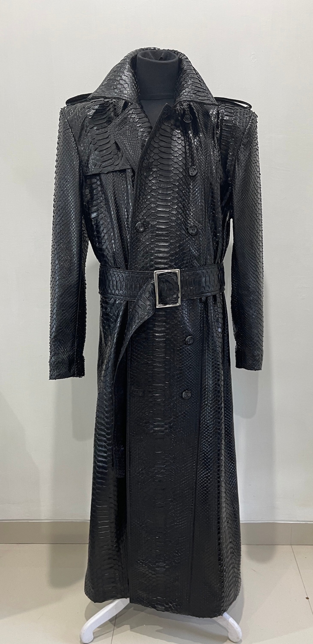 ジャケット・アウター unknown black pythons long coat Man's Snakeskin Trench Coat, Python Leather Men's Coat