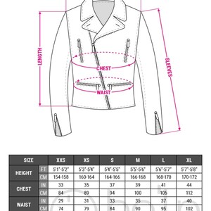 Może przedstawiać: Tabela rozmiar&oacute;w kurtki z wymiarami w calach i centymetrach. Tabela pokazuje rozmiar, wzrost, klatkę piersiową, talię, ramiona, rękawy i długość dla rozmiar&oacute;w XXS, XS, S, M, L i XL.