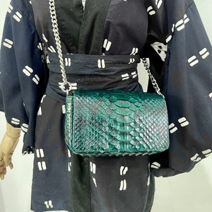 Bolso bandolera de piel de pitón rey, bolso de piel de pitón verde, bolso de piel de serpiente esmeralda