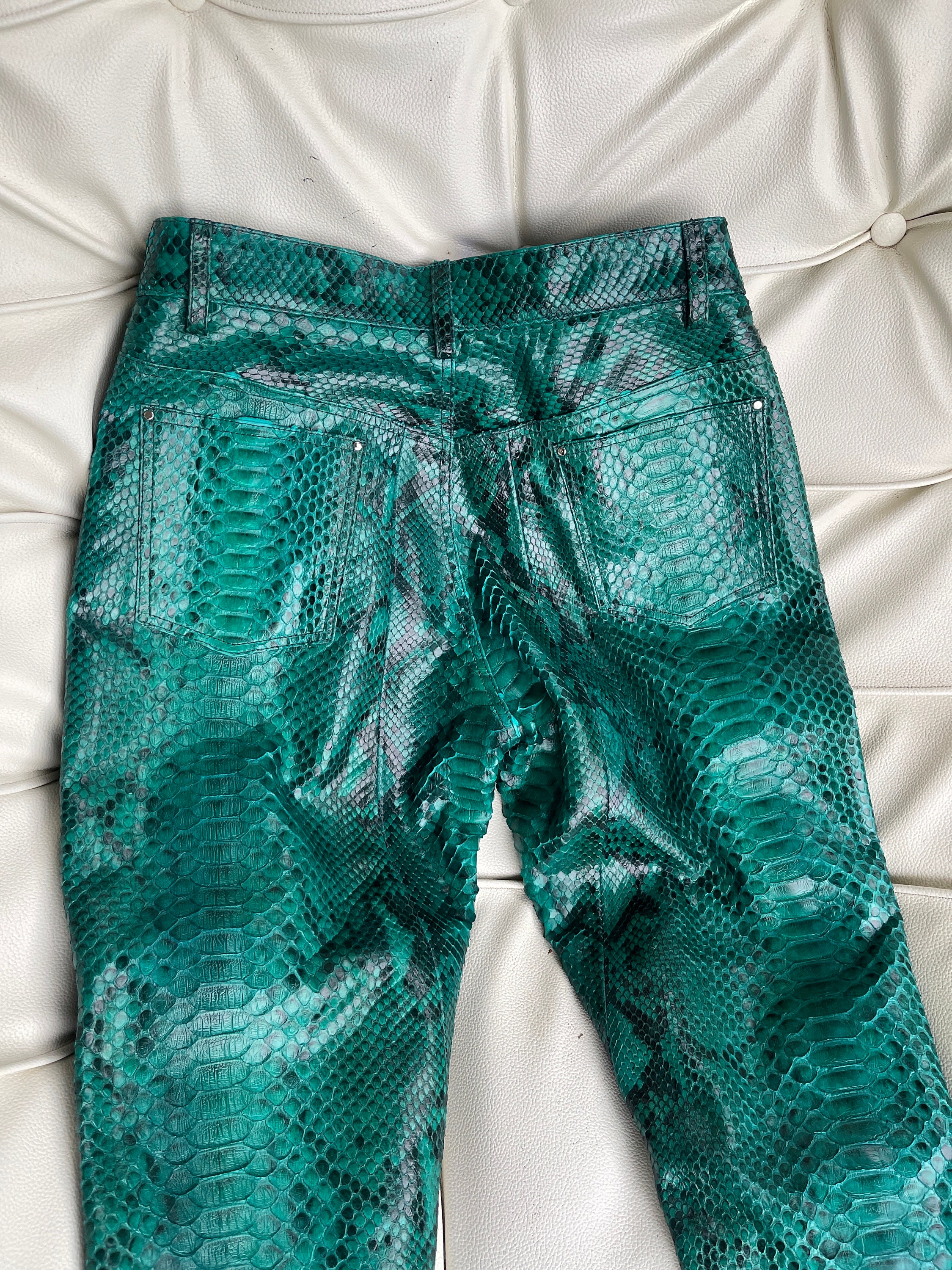Python Leather Pants, Snakeskin Green Pants, Real Python Leather