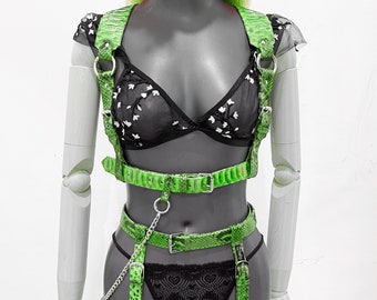 Python Leather Chest Harness, Leather Lingerie, Legs Harness, Set Harness Lingeries,  Snakeskin Leather Bodysuit