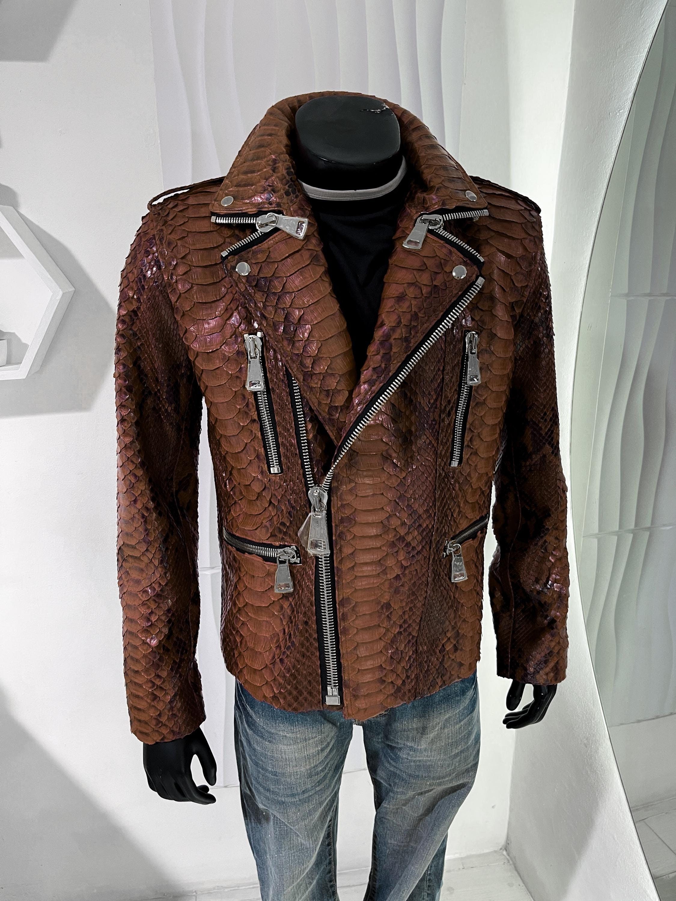 Man’s Brown King Python Leather Jacket, Snakeskin Biker Jacket, Custom Biker Dragon Leather Jacket