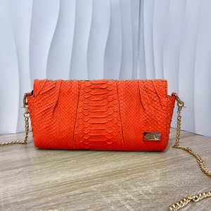 Orange Snakeskin Crossbody Bag, Python Leather Purse, Orange leather Purse