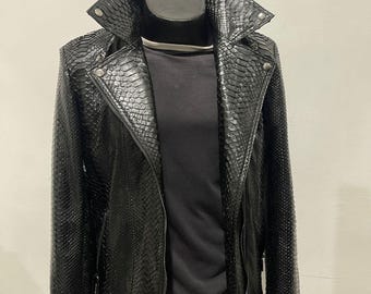 Man's Snakeskin Jacket, Glossy Python Leather Jacket, Black Leather Biker Jacket, Custom Biker Jacket