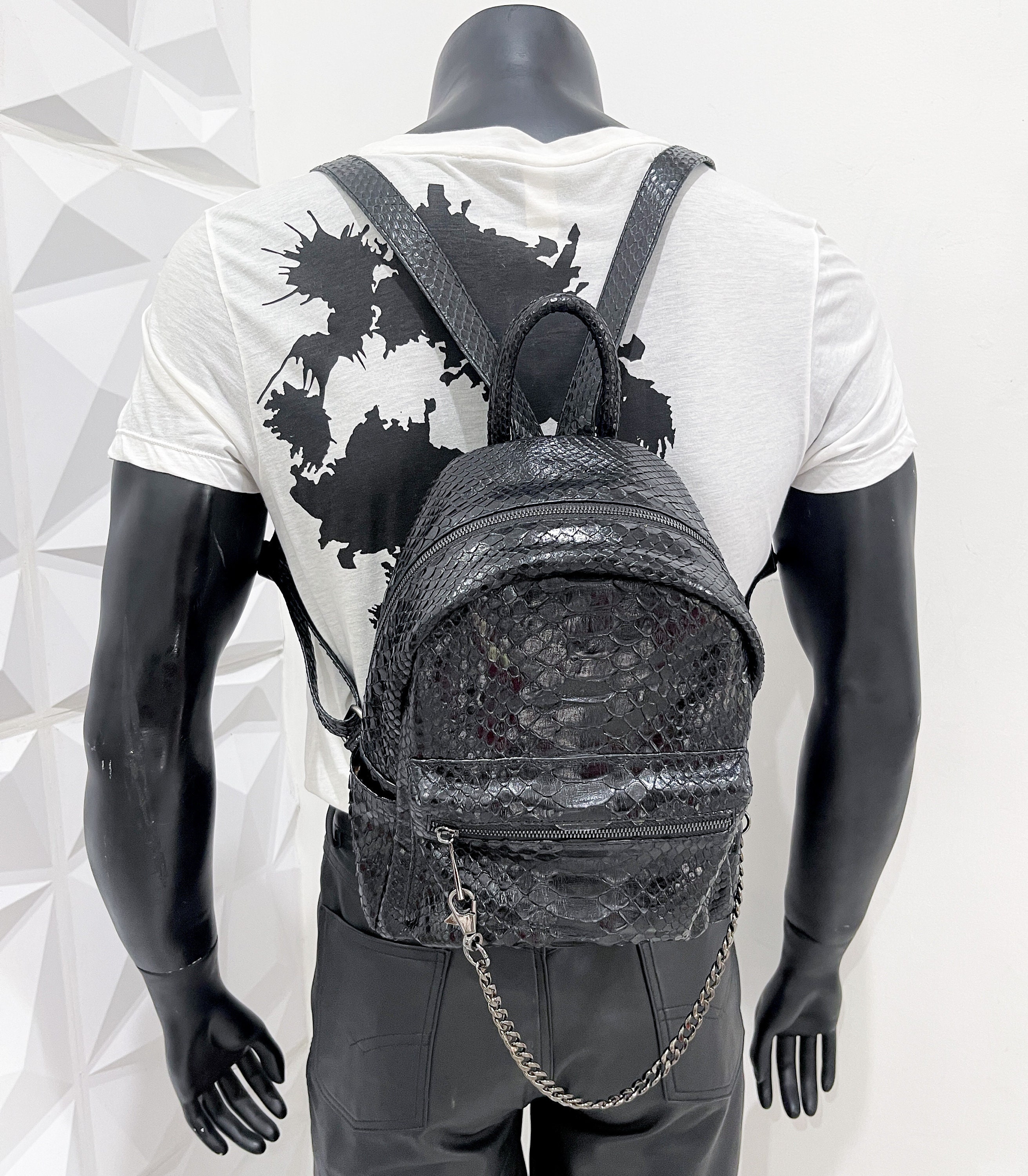 Snakeskin Backpack | Unisex Black Python Leather Backpack | Glossy ...