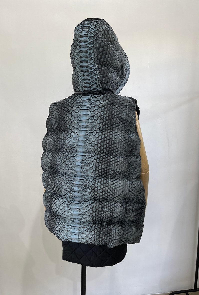 May include: A black and grey puffer vest with a snakeskin pattern. The vest has a hood and is sleeveless.