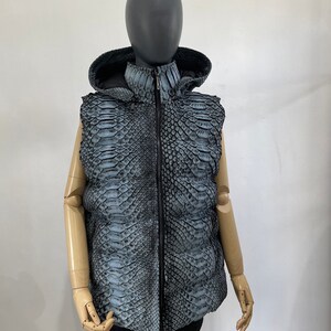 May include: A sleeveless puffer vest with a snakeskin pattern in shades of blue and black. The vest has a zip closure and a hood.