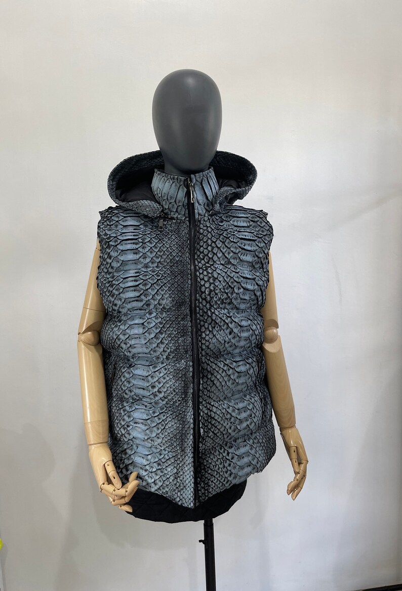 May include: A sleeveless puffer vest with a snakeskin pattern in shades of blue and black. The vest has a zip closure and a hood.