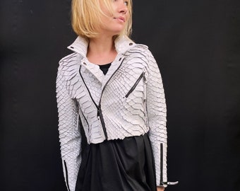 ホワイトレディーススネークスキンジャケット、キングパイソンレザージャケット、ホワイトドラゴンパイソンレザージャケット、ホワイトレザーブレザー