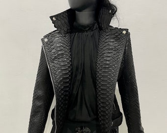 Custom Biker Python Leather Jacket, Snakeskin Jacket, Woman’s Leather Biker Jacket, Black Leather Biker Jacket