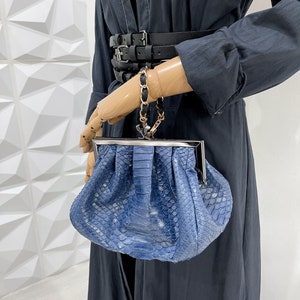 May include: A blue snakeskin clutch bag with a silver chain strap and a silver clasp.