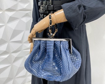 ブルーネイビーパイソンレザー：ユニセックスエキゾチックレザーバッグ