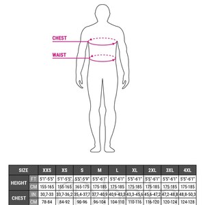 May include: A white chart titled "MAN'S BODY SIZE CHART" with a male silhouette and measurements for chest and waist. The chart includes size, height in feet and inches, chest in inches and centimeters, and waist in inches and centimeters.