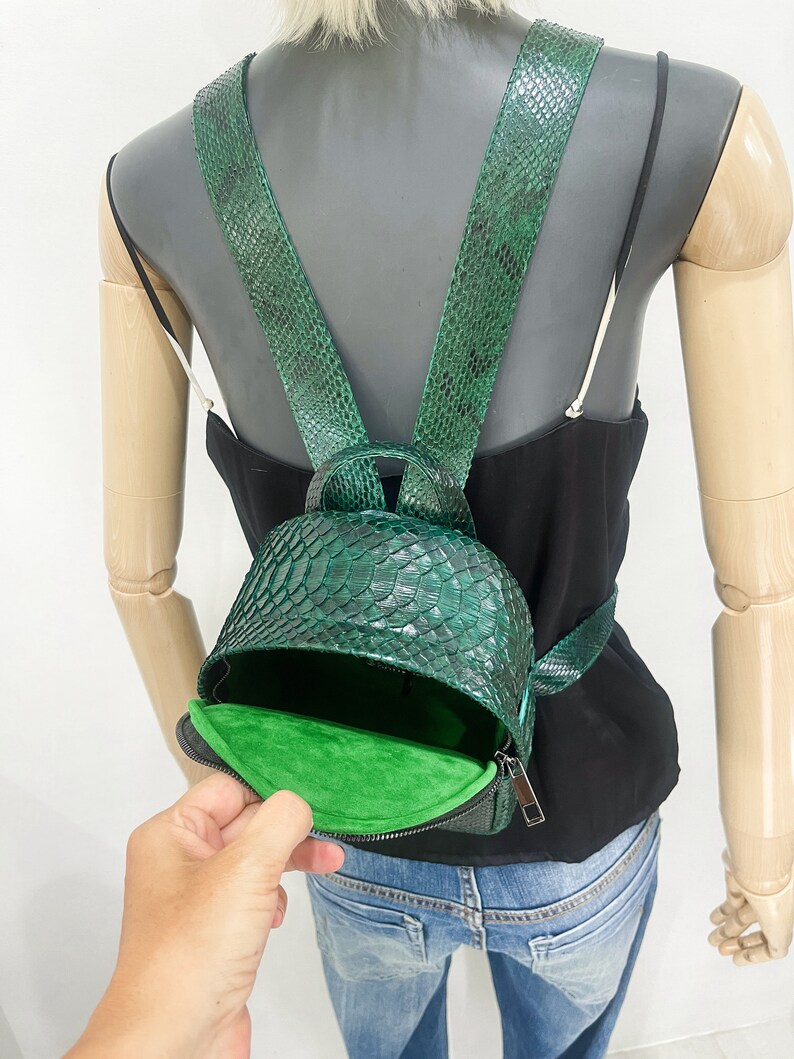 Peut inclure: Un petit sac &agrave; dos en cuir de serpent vert avec une fermeture &agrave; glissi&egrave;re et une doublure en tissu vert. Le sac &agrave; dos a des bretelles r&eacute;glables.