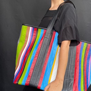 Multicolor Leather Shopper, Lamb Skin Tote Bag, Big Leather Shoulders Bag, Rainbow Leather Bag, Striped leather bag, Striped handbag