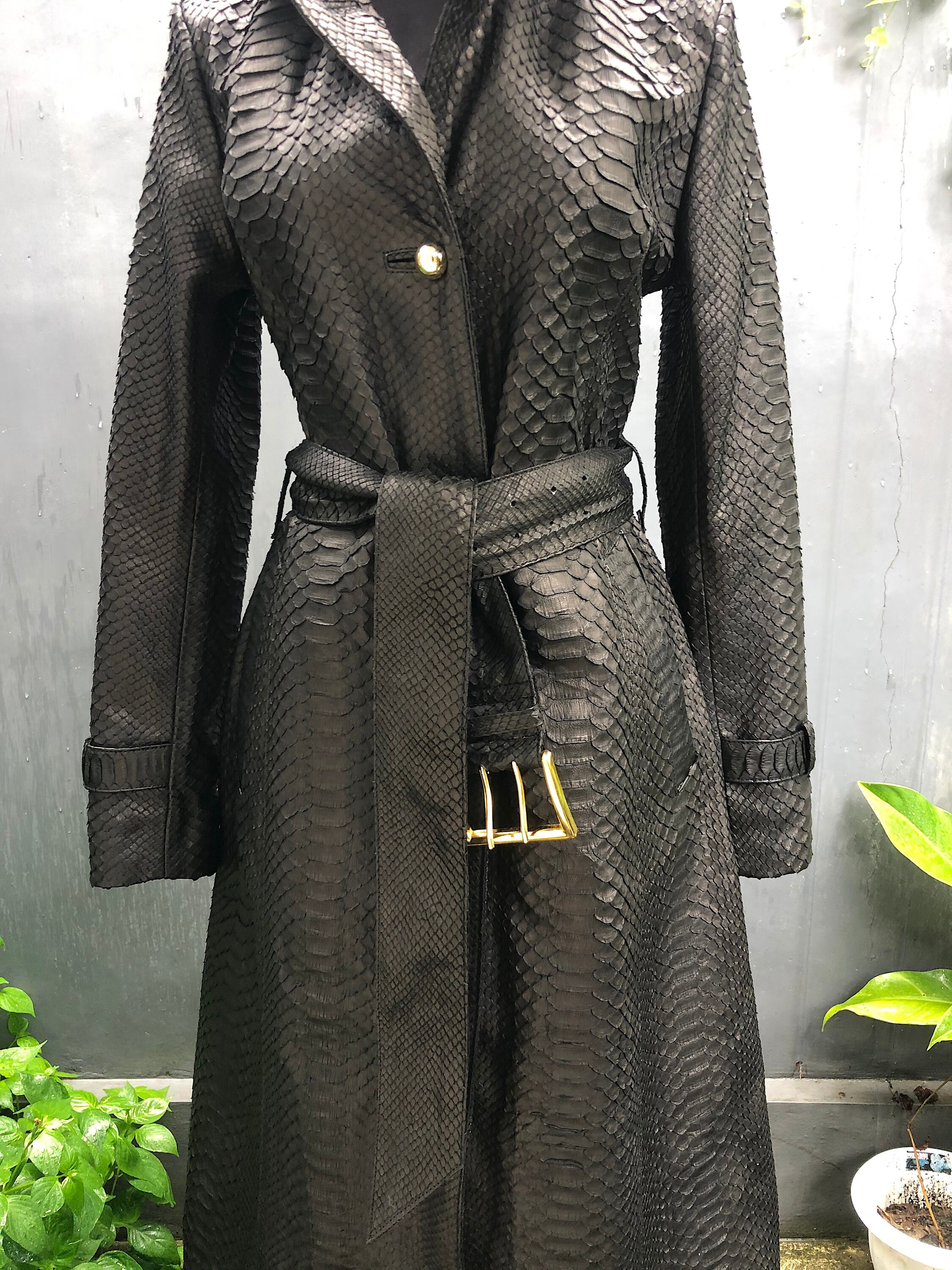 Snakeskin Long Women's Coat, Long Python Leather Trench, Black