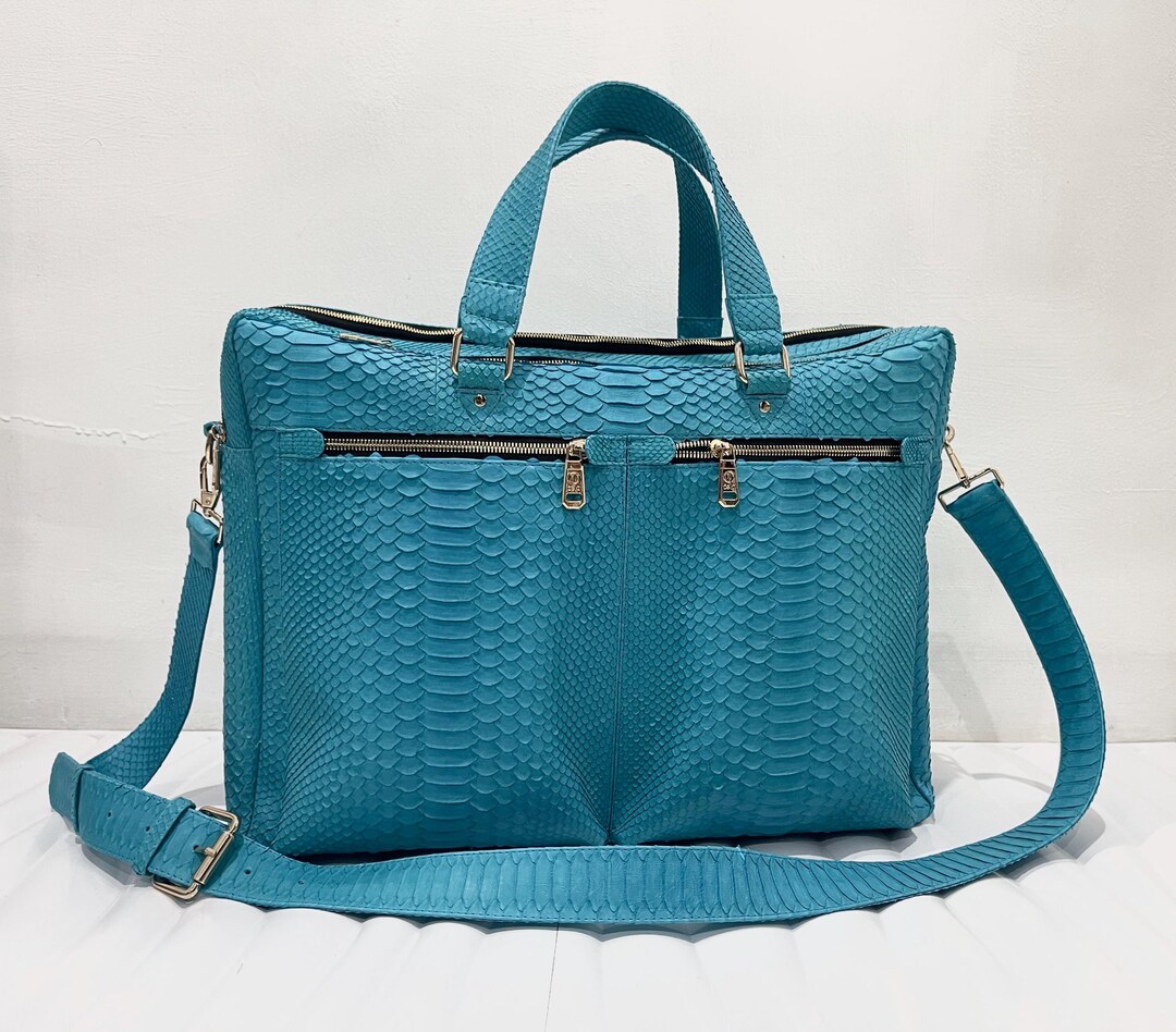 Blue Snakeskin Briefcase, Python Leather Laptop Briefcase, Snakeskin ...
