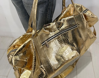 Snakeskin Weekender  Bag, Golden Python Duffel Bag, Golden Leather Traveling Bag, Python Leather Duffel Bag